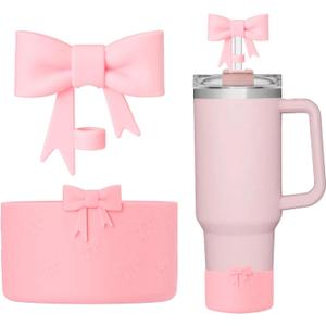 Bow Silicone Protective for Stanley Boot for 20/30/40Oz, 2 Pack for Stanley Cup Accessories Compatible 12-24Oz for Hydroflask Boot and More (Pink Set)