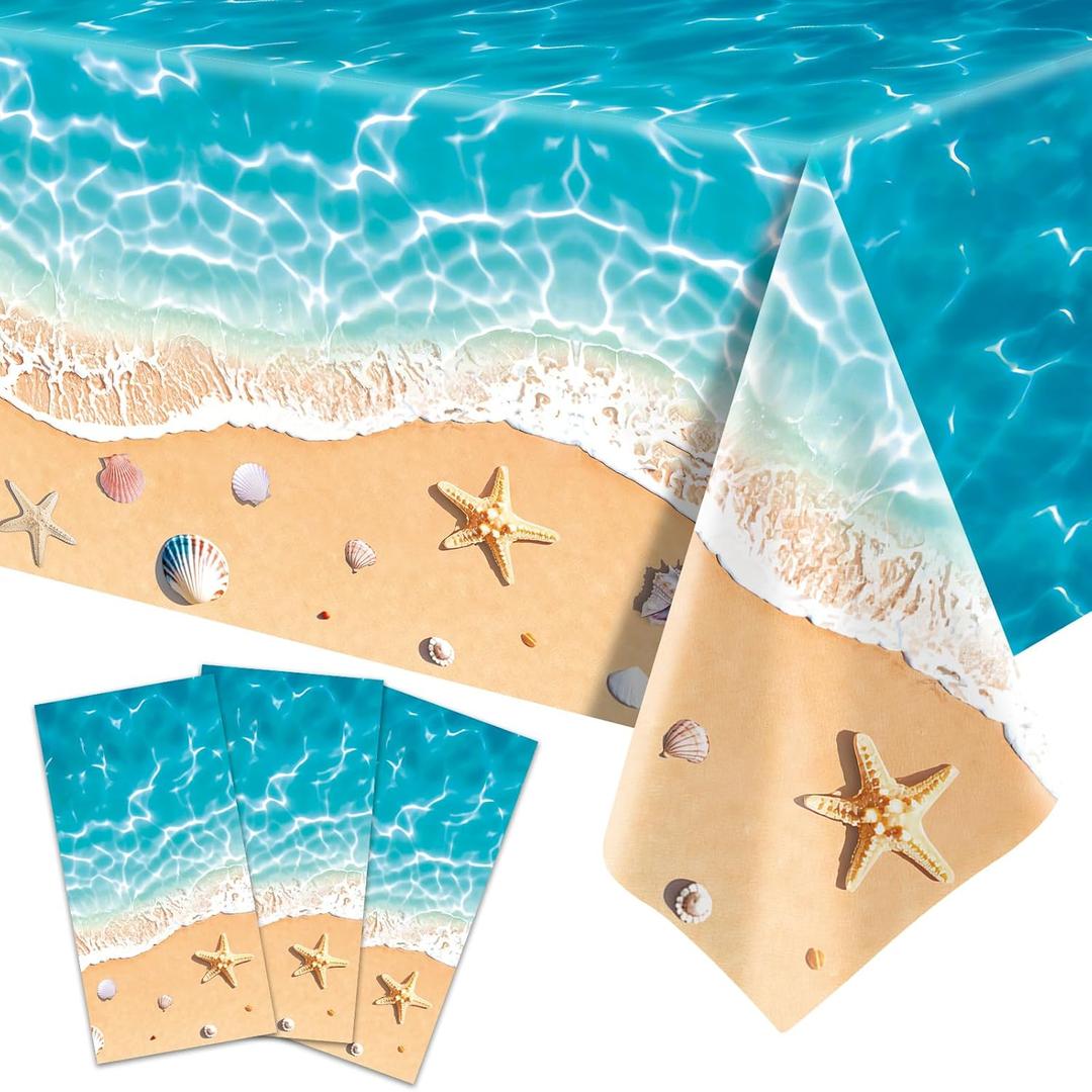 3-Piece 54 x 108 Inch Beach Theme Plastic Tablecloth  Summer Ocean Wave and Seashell Design Disposable Rectangle Table Cover for Pool Parties, Beach Birthdays, and Outdoor Decorations