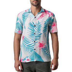 Hawaiian Shirt Casual Coconut Shell Button Down Short Sleeve Front Pocket Men Unisex Summer Beach Tropical Floral (Medium, Palm Leaf White)