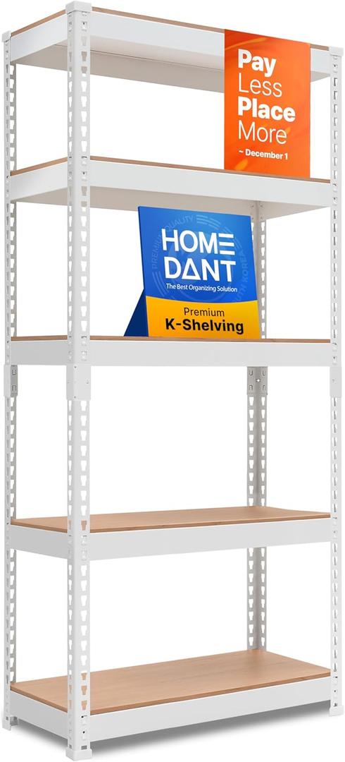 HOMEDANT 5 Tier Laminated White Boltless Metal Shelving Unit Adjustable Garage Storage Utility Rack Heavy Duty Shelves Organization Multipurpose Shelf Warehouse Pantry 28" W x 12.3" D x 59.5" H 1Pack