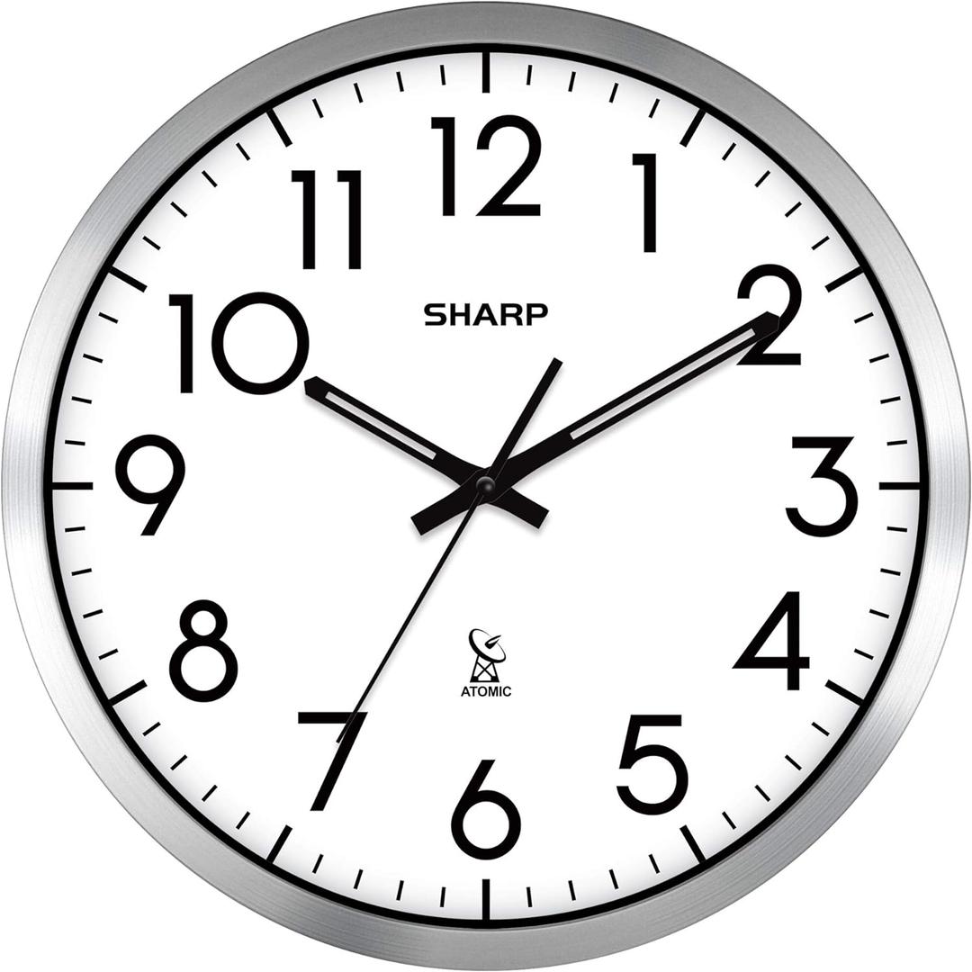 Sharp Atomic Analog Wall Clock - 12" Silver Brushed Finish - Sets Automatically- Battery Operated - Easy to Read - Easy to Use Modern Design and Style