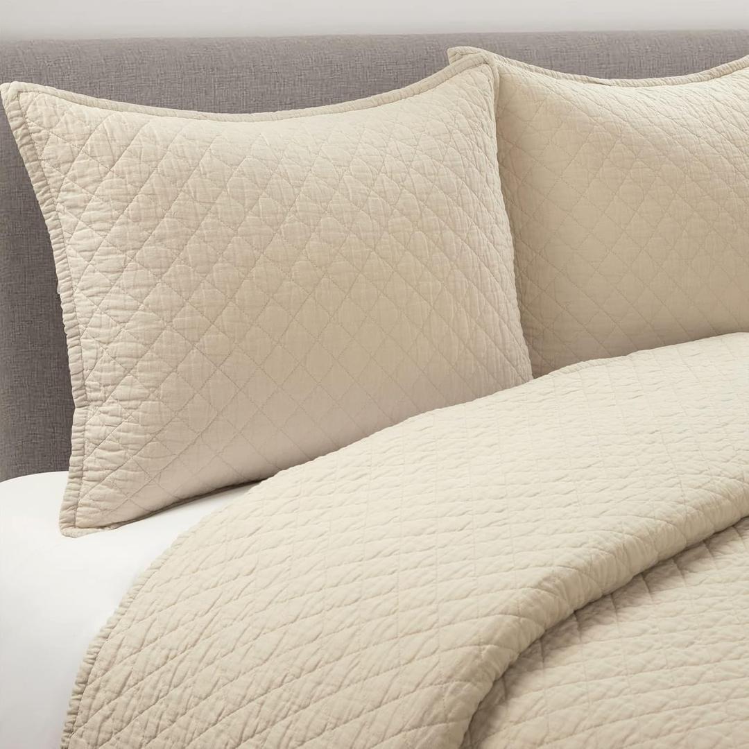 Lush Decor Belgian Flax Prewashed Linen Rich Cotton Blend 3 Piece Quilt Set, King/Cal King, Linen