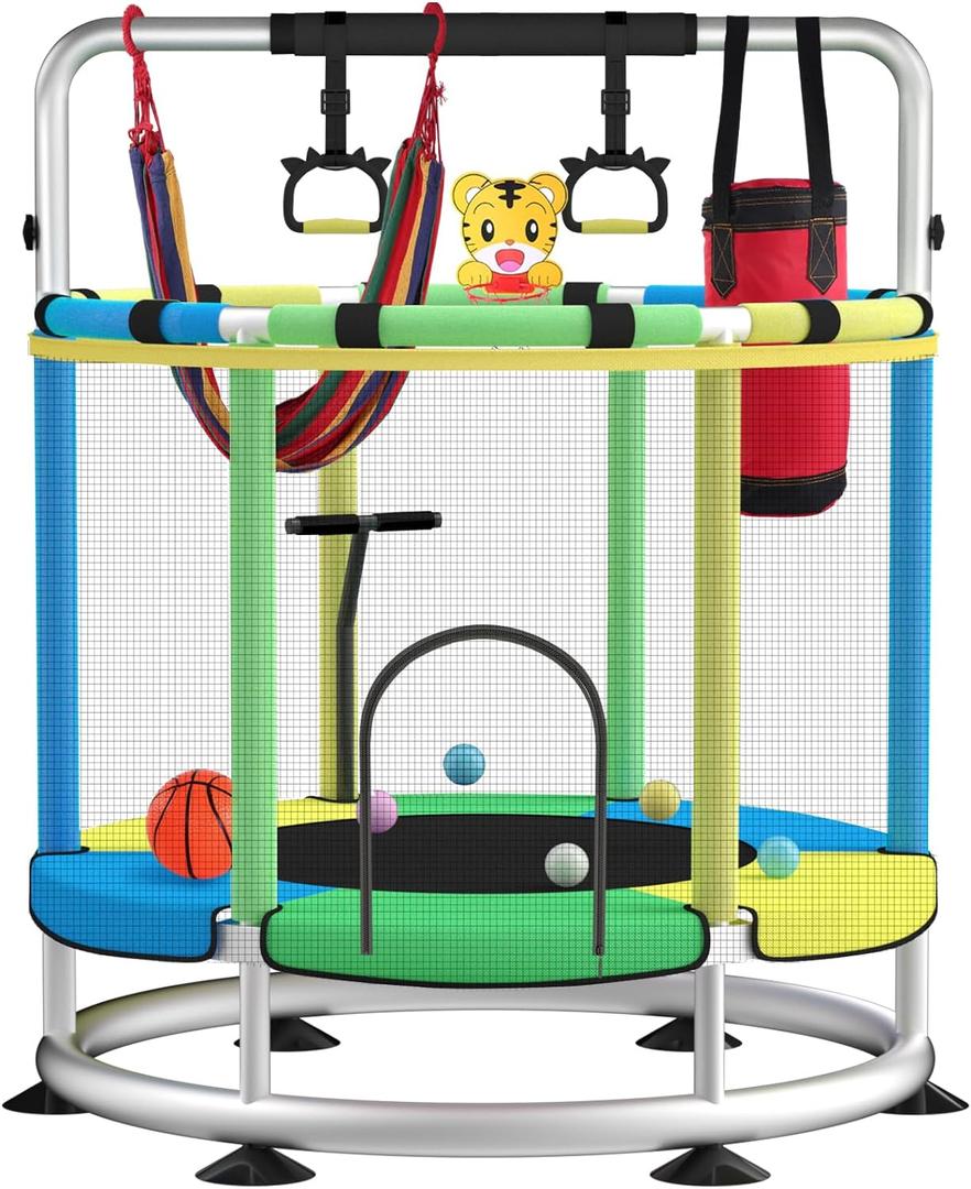 Trampoline for Kids, Adjustable Baby Toddler Trampoline with Basketball Hoop, Round Bottom Indoor Outdoor Toddler with Enclosure (light blue green)