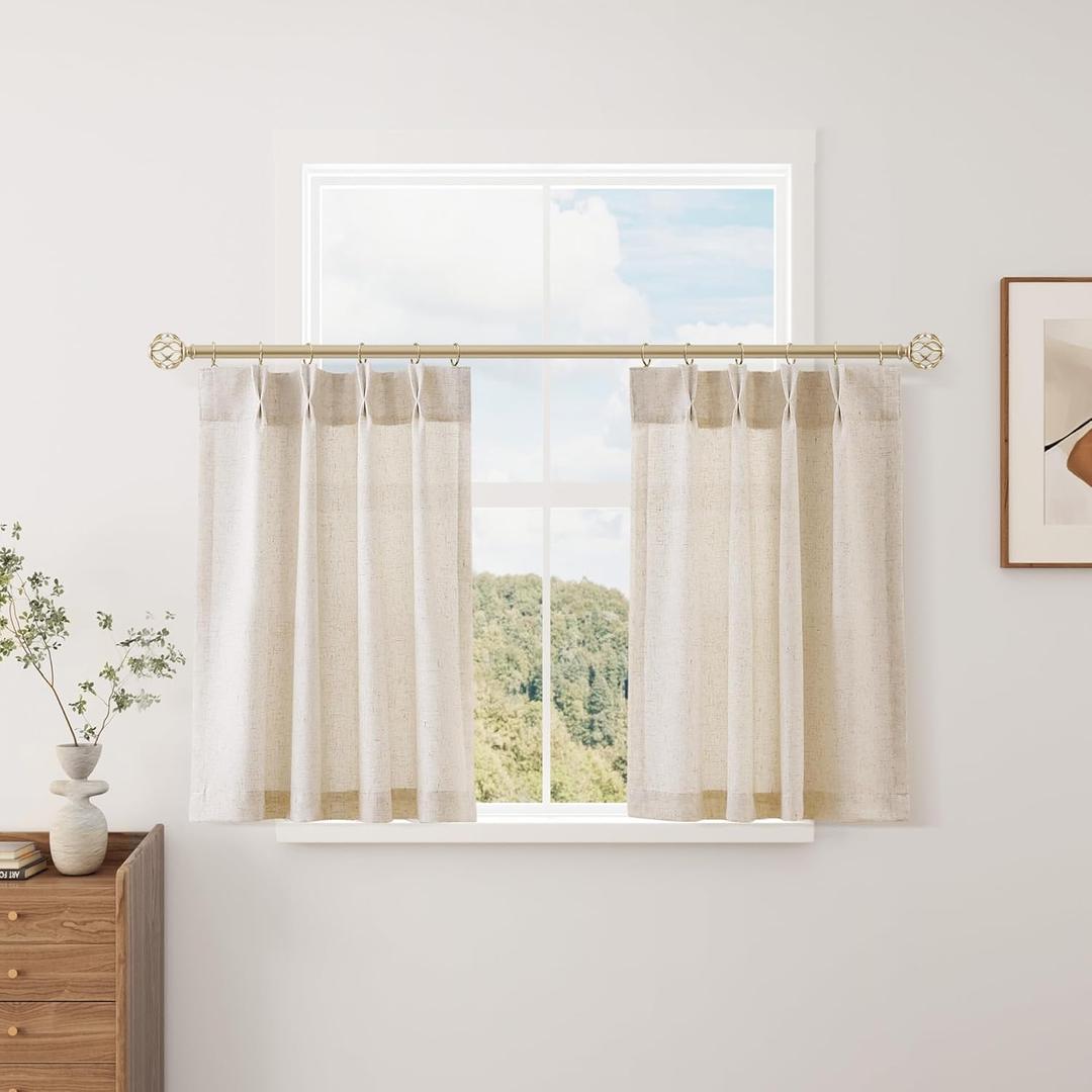 Short Natural Pinch Pleated Linen Kitchen Curtains 24 Inch Length 2 Panels Set Farmhouse Cafe Light Filtering Small Half Window Drapes for Bathroom Laundry Room RV, 26x24
