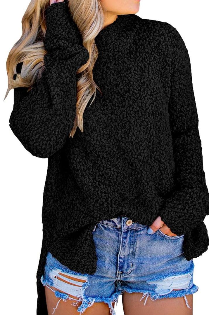 Imily Bela Womens Fuzzy Knitted Sweater Sherpa Fleece Side Slit Full Sleeve Jumper Outwears, M
