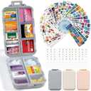 3 Pack 14 Grids Travel Pill Organizer Box with 415-Pcs Medicine Name Labels - Pocket Daily Pharmacy Case Container Kit - Travel Medication Holder Dispenser for Fish Oil Vitamin Supplement Storage (Khaki+pink+grey)