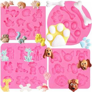 3 x Forest Animals Fondant Molds 4 Pcs, Dog Paw & Bone Fondant Molds Zoo Animal Chocolate Silicone Mold for Cake Decoration Candy Sugar Cupcake Topper Cake Pop Popsicle Polymer Clay Crafts