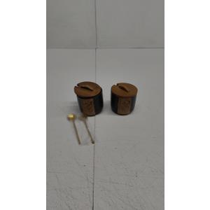 Salt Bowl, Ceramic Salt Containers for Countertop, Salt Cellar with Lid and Spoons, Black, Pack of 2