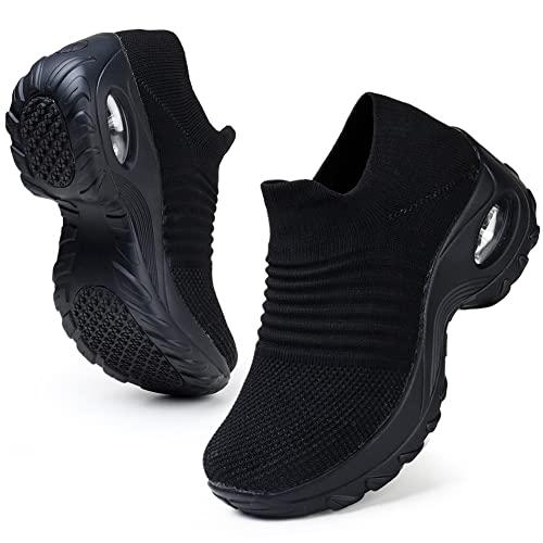 HKR Womens Walking Tennis Shoes Slip On Light Weight Mesh Platform Nursing Shoes Cushioned Sneakers All Black US 9.5 (1839 EU 42)