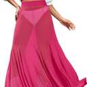 Women's Sheer Mesh Maxi Skirt, Long Flowy Pleated Swim Cover Up, for Festival Rave Outfits (Large, Hot Pink)