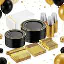 GATHER 350PCS Black Plastic Plates - Black and Gold Disposable Dinnerware Set Include 100 Plates, 150 Gold Silverware, 50 Napkins, 50 Cups for Party & Wedding & Birthday & New Year
