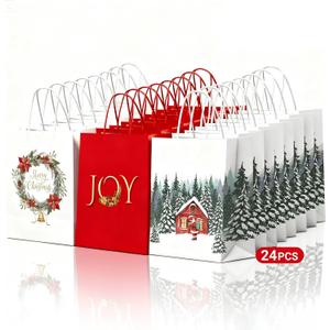 KAOTPO Christmas Gift Bags with Handles - 24 Large Bulk Kraft Gift Bag for Xmas Presents Holiday Party Favors and Decor Supplies - 3 Designs (13"x10.4"x5.7")