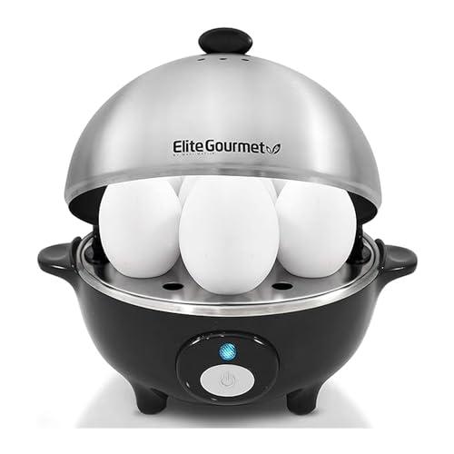 Elite Gourmet EGC-508 Rapid Egg Cooker, 7 Easy-To-Peel, Hard, Medium, Soft Boiled Eggs, Poacher, Omelet Maker, Auto Shut-Off, Alarm, 16-Recipe Booklet, Stainless Steel