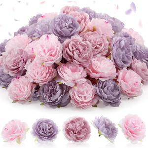 Thiccywoov 50 Pcs Artificial Flowers, 3.2 Inches Silk Rose Head Flowers Fake No Stem for Wedding Bridal Bouquet Home Floral Decor DIY Centerpieces Arrangements Party Tables Decoration(Pink Purple)
