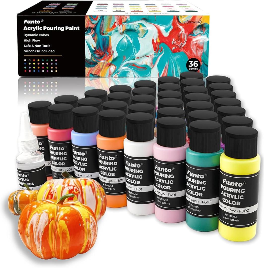 Funto Acrylic Pouring Paint Set, 36 Bottles, with Silicone Oil, High Flow, Pre-Mixed, Art Supplies for Pouring on Canvas, Glass, Wood, Tile, Rocks