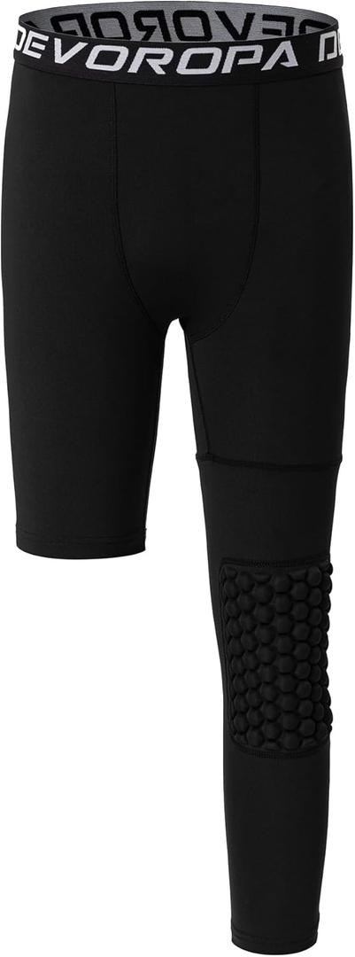 DEVOROPA Youth Boys' Compression Pants with Knee Pads 3/4 Basketball Athletic Tights Quick Dry Sports Workout Leggings (X-Large, Black(left Long))