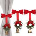 Suncalla 2 Pcs Christmas Curtain Buckle Tieback Christmas Wreath Curtain Ties Backs Holdback Holder Fastener Buckles with Velvet Bow and Bell for Xmas Holiday Home Window Decoration(Red)