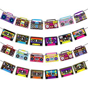 Cassette Tape Party Banners Boom Box Party Decorations 4PCS Radio Boombox Cutout Banners 1980s Cassette Tape Party Decorations for 80's 90's Hip Hop Music Birthday Party Supplies