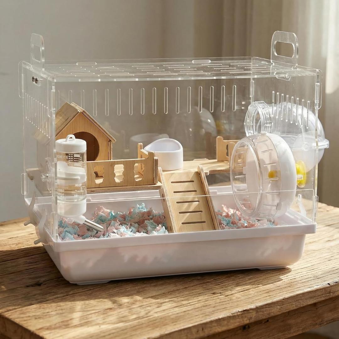 7-in-1 Acrylic Hamster Cage with All Accessories - Double Layer Hamster House with Transparent Viewing, Chew-Proof Small Pet Mice Enclosure Cage for Dwarf Syrian Gerbils, 14*11*10in (White)