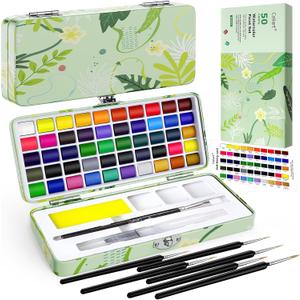 50 Colors Watercolor Paint Set with 6 Brushes, Portable Travel Water Color Kit with Carrying Case, Palette and Accessories, Non-Toxic Art Supplies Gift for Artists Adult Teen Kids Girls Boys (1 Count (Pack of 50))