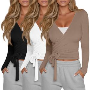 Oakgarden 3 Pack Women's Tie Wrap Tops, Long Sleeve Workout Ballet Yoga Pilates Shirts Deep V Neck Tie Front Y2k Blouses (Medium, Black, White, Light Brown)