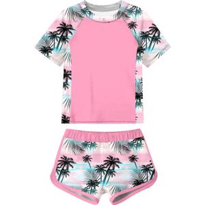 ADUKIDE Girls Rash Guard Swimsuit 2-Piece Bathing Suit UPF 50+ Summer Beach Swimwear Size 7-14T (10-11 Years, Hawaiian)