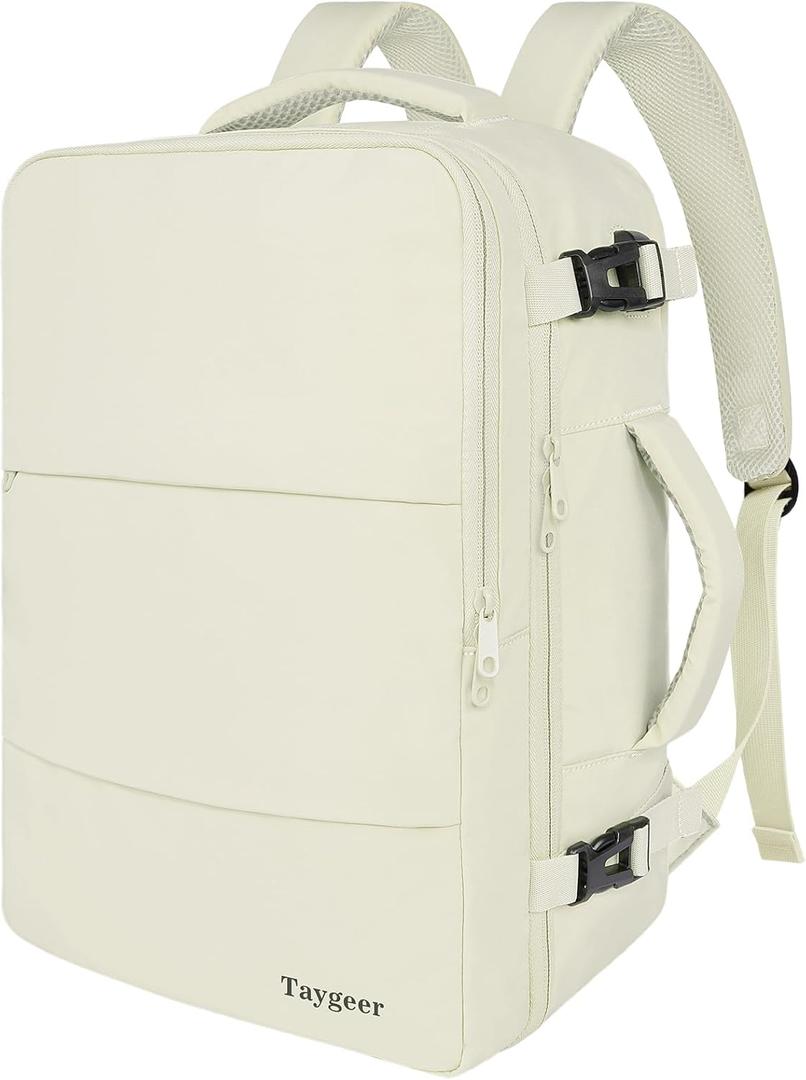 Taygeer Travel Backpack for Women, Carry On Backpack with USB Charging Port & Shoe Pouch, TSA 15.6" Laptop Back Pack Flight Approved, College Gym Bag Casual Daypack for Weekender Business Hiking,Beige (Large)