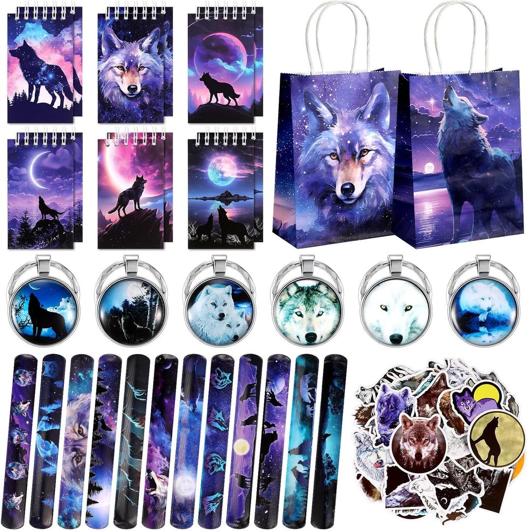 Abbylike 48 Pcs Wolf Party Favors Party Decor Birthday Supply Wolf Paper Bag Gift Mini Notebook Keychain Slap Bracelet Sticker for Baby Shower Holiday