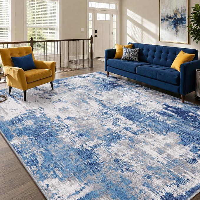 RELEANY Washable 8'x10' Abstract Area Rug for Living Room Blue Gray