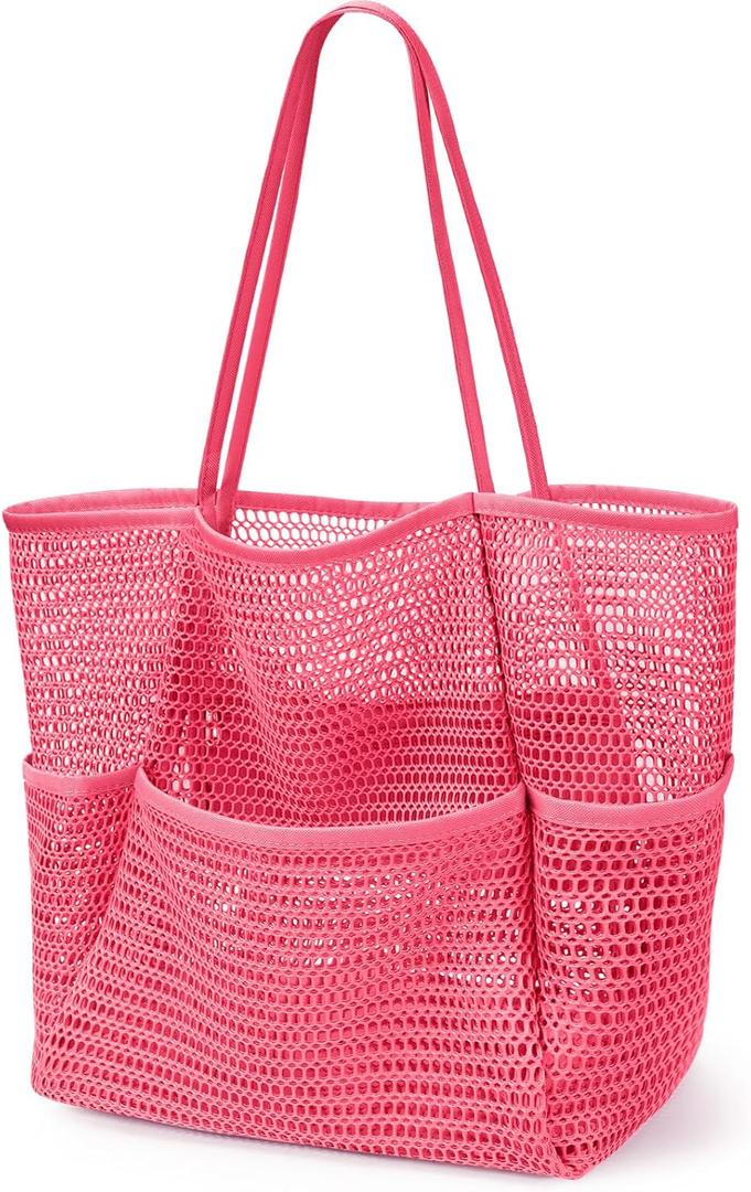KPX Beach Bag with Mini Pocket, Summer Beach Tote Bags for Women Large Foldable Mesh Swimming Pool Travel Bags - Sandproof (Rose)