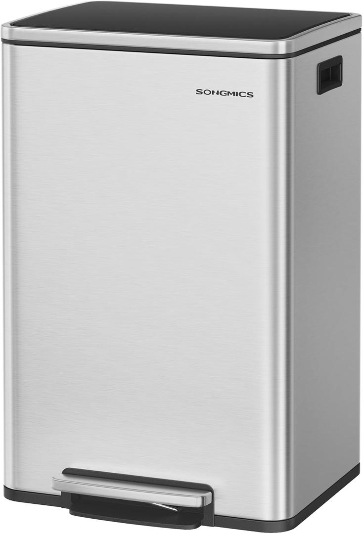 SONGMICS Trash Can, 13-Gallon Gabbage Can, with 15 Trash Bags, Steel, with Soft-Close Lid, Removable Inner Bucket, Handles, Silver ULTB595E01V1