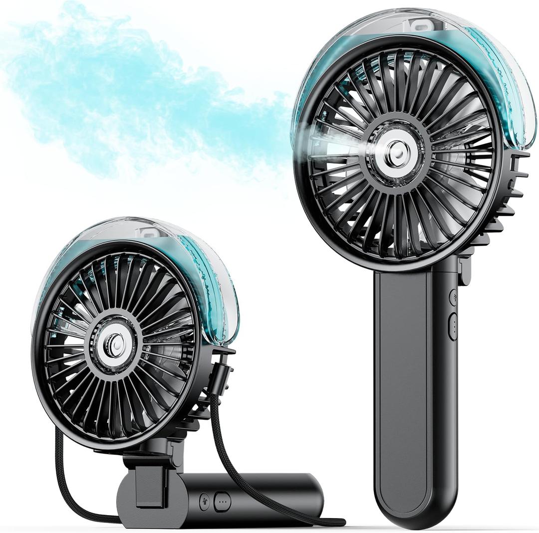 SWEETFULL Portable Misting Fan - 180 Foldable Handheld Personal Fan with Mist Spray, 3 Speeds, 30ml Water Tank, USB Rechargeable for Travel, Outdoors, Makeup, Camping, Home, and Office Use (Black)