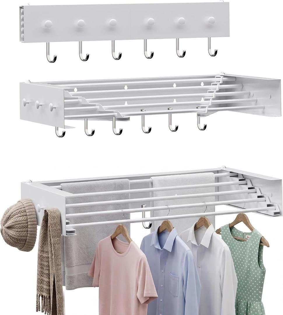 Collapsible Laundry Drying Rack Wall Mounted - 31.5 Inch Metal Clothing Drying Rack with 6+6 Hooks, Retractable Foldable Dry Racks for Laundry Drying Indoor, Heavy Duty Towel & Coat Hanger