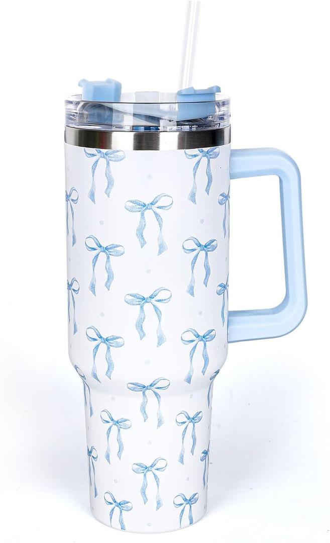 Whaline 40 Oz Blue Bow Tumbler with Handle Straw and Lid Bow-Knot Travel Coffee Tumbler Cup for Women Friend Holiday Birthday