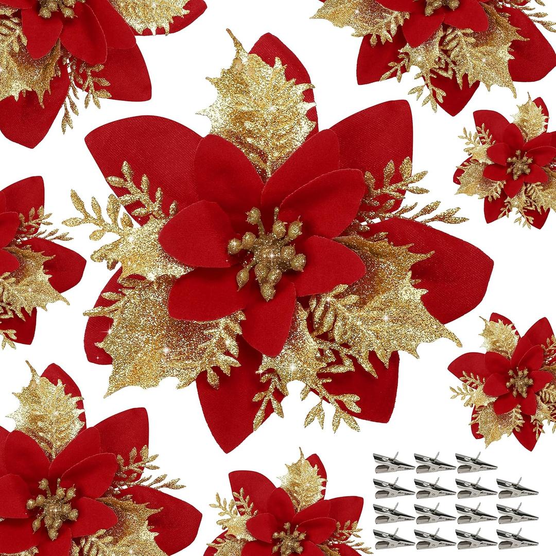 Childom 15 PCS Red Poinsettia Flower Artificial Poinsettias With Clips Christmas Decorations Glitter Poinsettia Christmas Ornaments Xmas Tree Flower Decor with Stems DIY Xmas Wreath Home Holiday Party