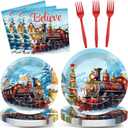 gisgfim 96 Pcs Christmas Train Plates and Napkins Party Supplies Christmas Believe Dinnerware Tableware Set Disposable Xmas Paper Plates Party Decorations Favors for Winter Holiday Serves 24