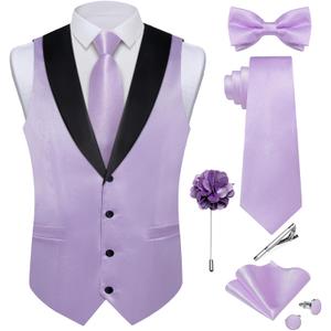 DiBanGu Mens Shiny Satin Vest Tie Set 8PCS Solid Waistcoat and Pre-tied Bowtie Shawl Collar Dress Vest for Wedding Formal (Small, Lilac)