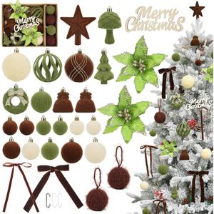 38Pcs Velvet Christmas Ornaments Set, Brown Green Beige Flocked Christmas Ornaments for Xmas Tree Decorations Shatterproof Plastic Hanging Balls for Indoor Home Party Holiday Decor Gifts