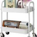 2 Tier All-Metal Rolling Cart, Rolling Storage Cart with Handle and Locking Wheels Kitchen Cart Laundry Office Bathroom Storage Organizer Cart, White