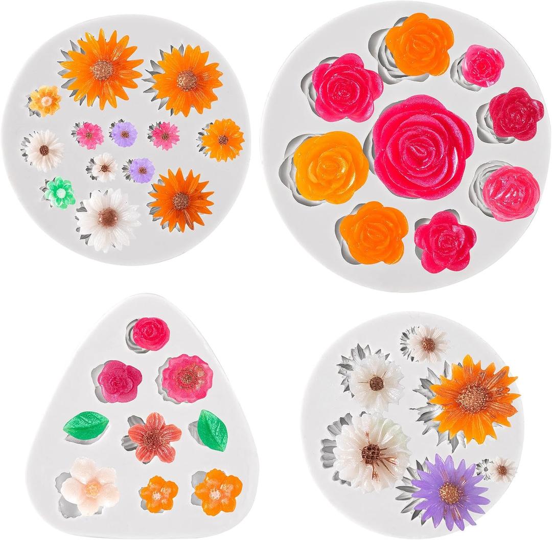 OIIKI 4PCS Silicone Flower Molds, Rose Sunflower Leaf Resin Molds, Polymer Clay Molds, Fondant Molds for Cake, Candy, Chocolate, Soap, DIY Jewelry Making