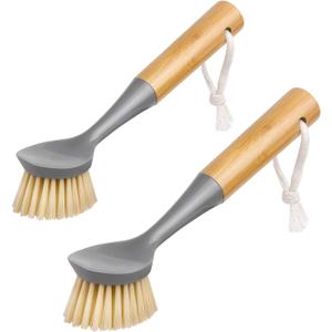 MR.SIGA Dish Brush with Bamboo Handle Built-in Scraper, Scrub Brush for Pans, Pots, Kitchen Sink Cleaning, Pack of 2 (Gray)