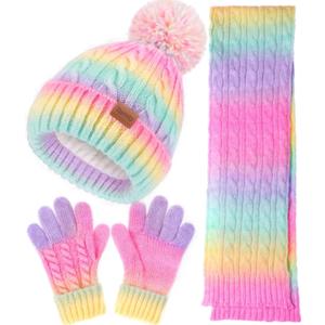 Kids Winter Hat Scarf Gloves Set, Girls Boys Toddler 8% Wool Warm Fleece Lined Pom Pom Beanie Hat Knit Neck Scarf Soft Thick Mittens Gloves for Cold Weather 3 In 1 Birthday Christmas Gift for Children
