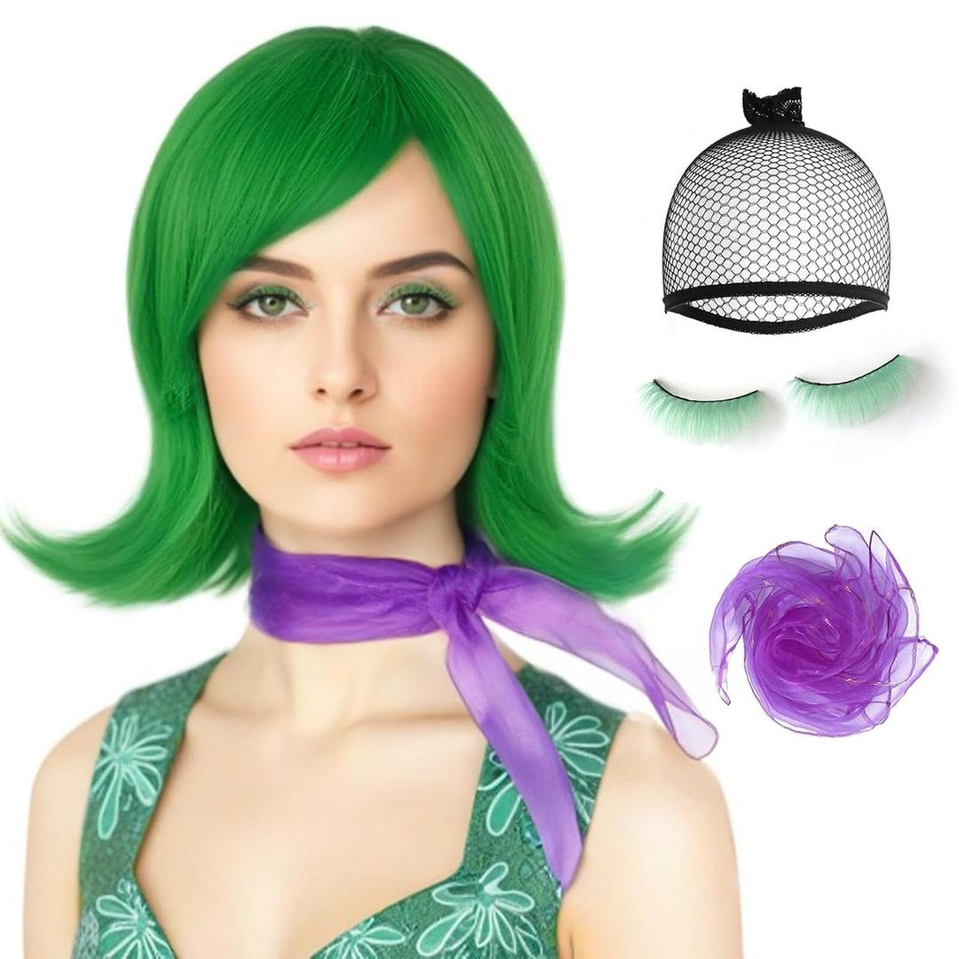 JoneTing 3Pcs Short Green Bob Wigs1 Hair Cap+1 Scarf +1 Pair of False Eyelashes St Patrick's Day Green Flip Wig Greeny Disgusting Cosplay Wig With Bangs for Halloween Party Costume Outfit