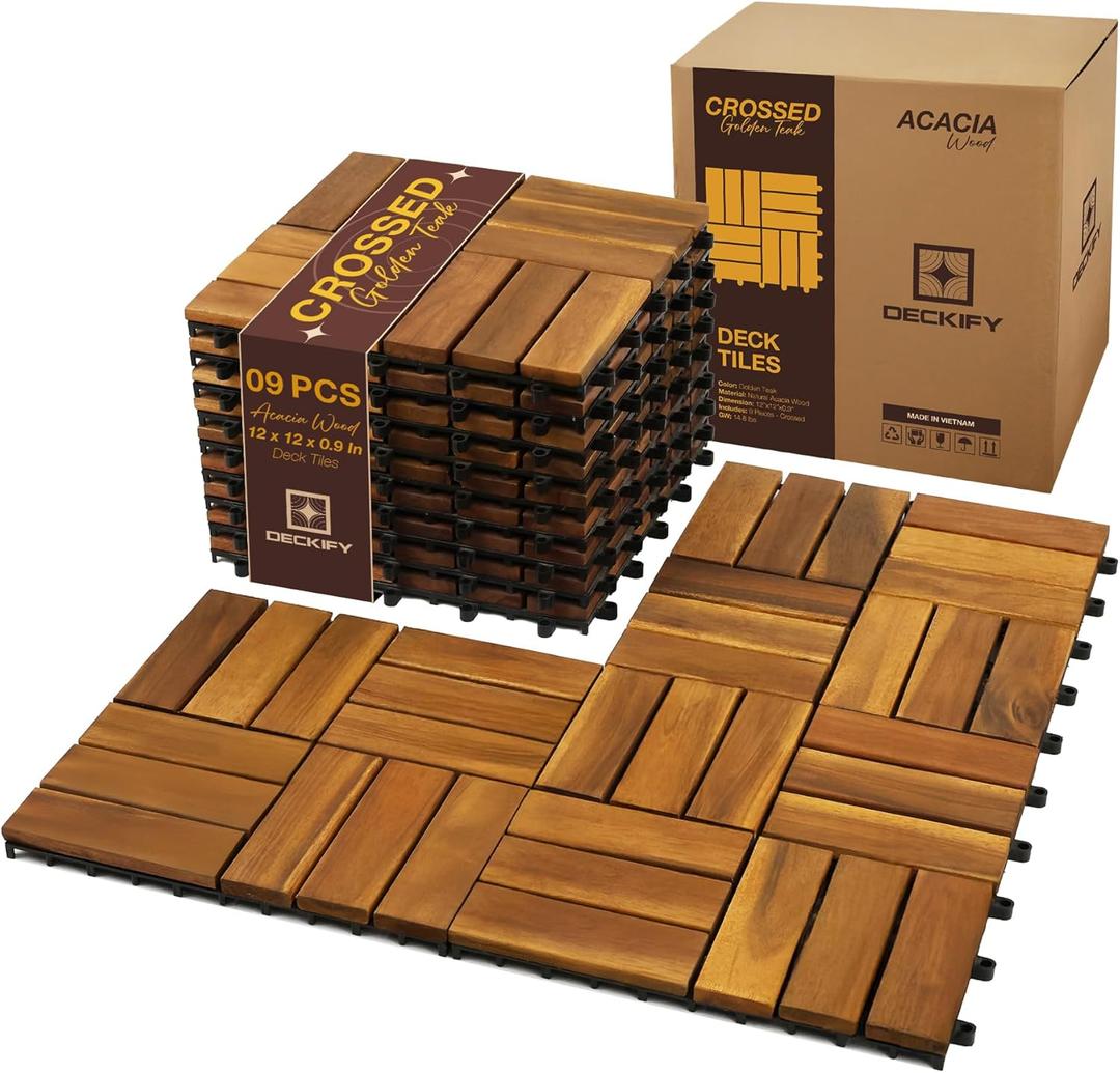 9Pcs Acacia Wood Interlocking Patio Deck Tiles, 12 x 12 x 0.9 Inch Outdoor Flooring, Waterproof for All-Weather Use  Crossed, Natural