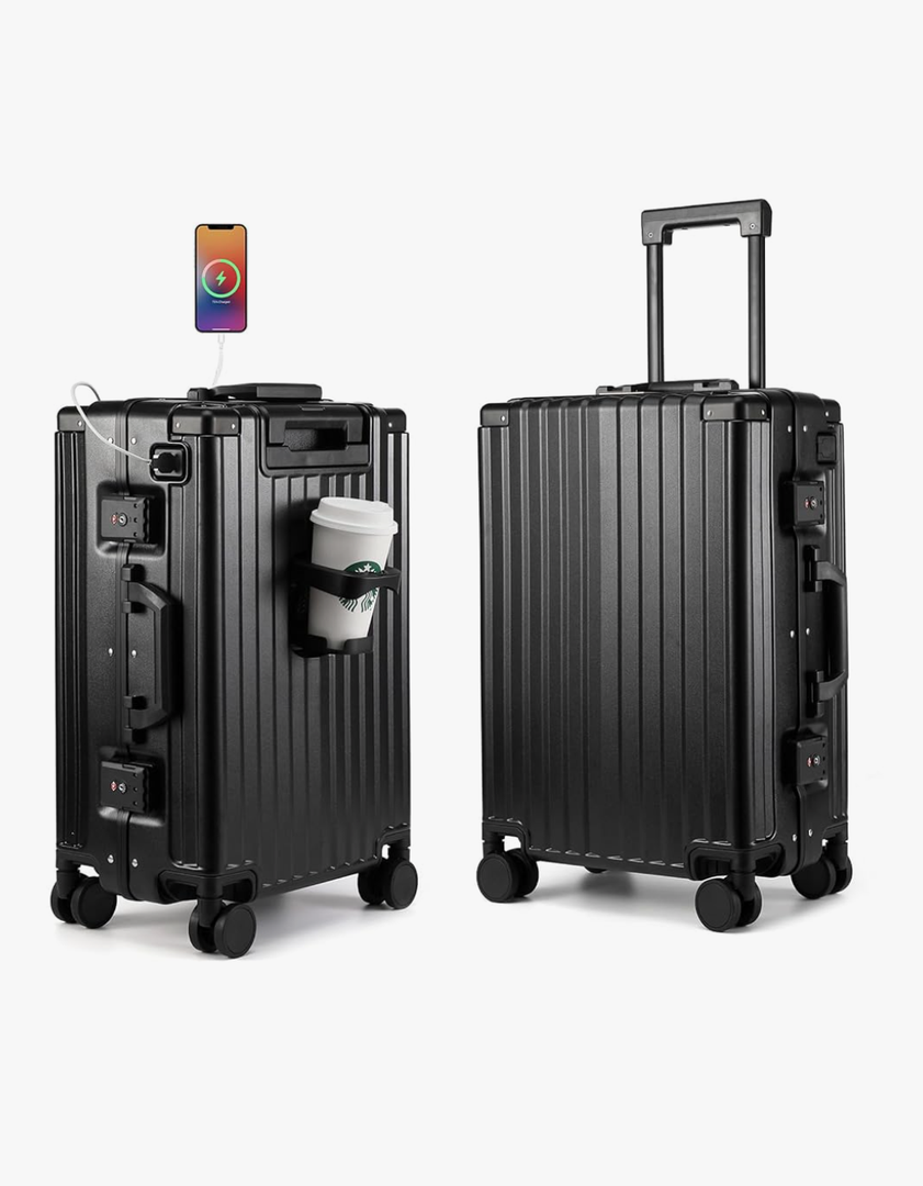 MYER Hard Case 24 Inch Checked Luggage with Spinner Wheels,Aluminum Luggage with 100% 3-Layer PC,Hard Shell Suitcases with Wheels,Cup Holder and USB Port (Classic Black, 24 inch)