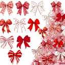 Yookeer 12 Pcs Coquette Valentines Decorations Coquette Bow Tree Ornaments Extra Large Pink White Red Bow Galentines Tree Topper Picks Ornaments for Valentines Home Office Table Vase Decor