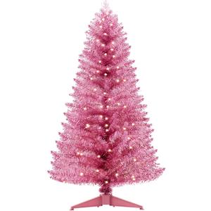 Santanelo 4FT Pink Artificial Christmas Tree with Light, Small Snowy Artificial Xmas Tree, Not Pre-lit mini Pink Tree with Lights for Indoor, Office Lobby & Winter Wedding Centerpiece