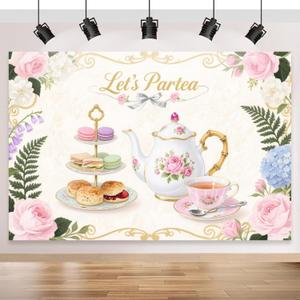 Tea Party Backdrop 7x5FT, Tea Party Decorations for Women, Let's Partea Pink Floral Teapot Teacup Photography Background, Sweet Girl Garden Afternoon Birthday Party Supplies