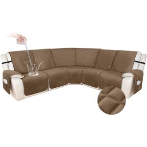 HDCAXKJ 100% Waterproof Velvet Recliner Sectional Couch Covers L Shaped Corner Reclining Sofa Cover Washable Thick Non Slip Sectional Slipcover with Pockets (5 Seat Recliner Couch, Light Brown)