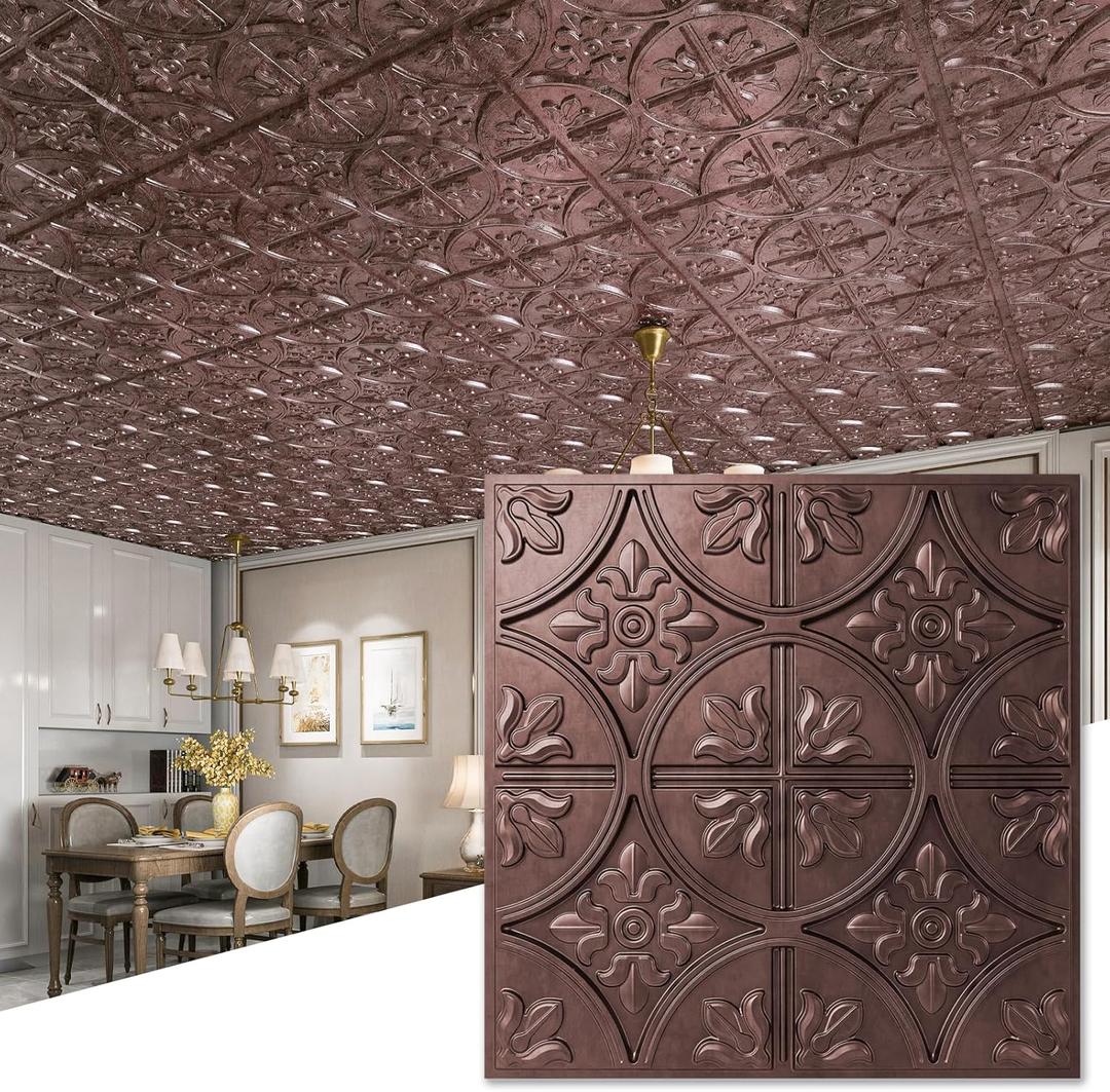 Art3d Drop Ceiling Tiles 2x2, Glue-up Ceiling Panel, Fancy Classic Style, Antique Copper (12)
